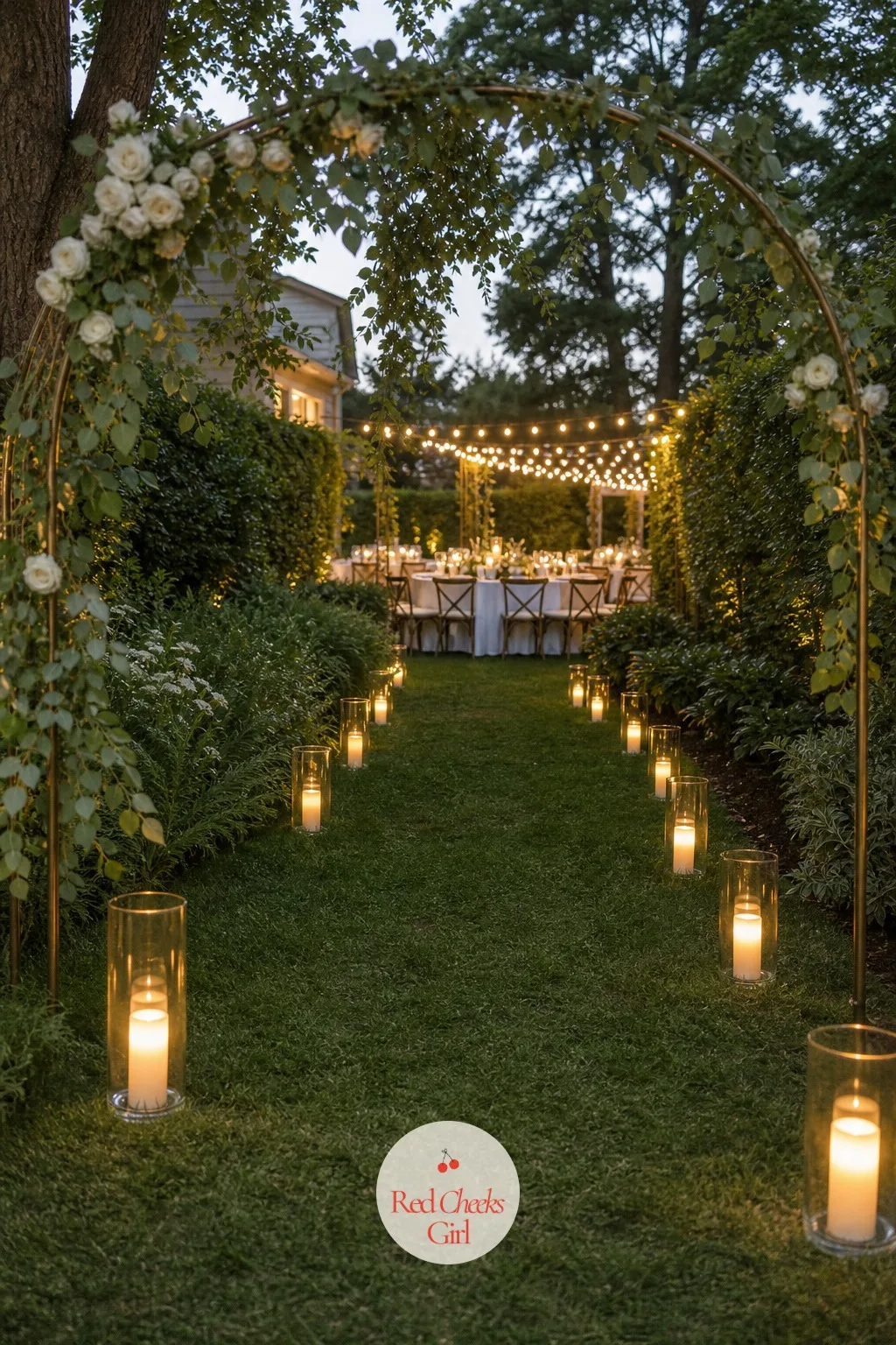 Lantern-Lit Path From Ceremony To Reception — Dusk light makes a grass path genuinely tricky to cross in heels. Backyard wedding ideas