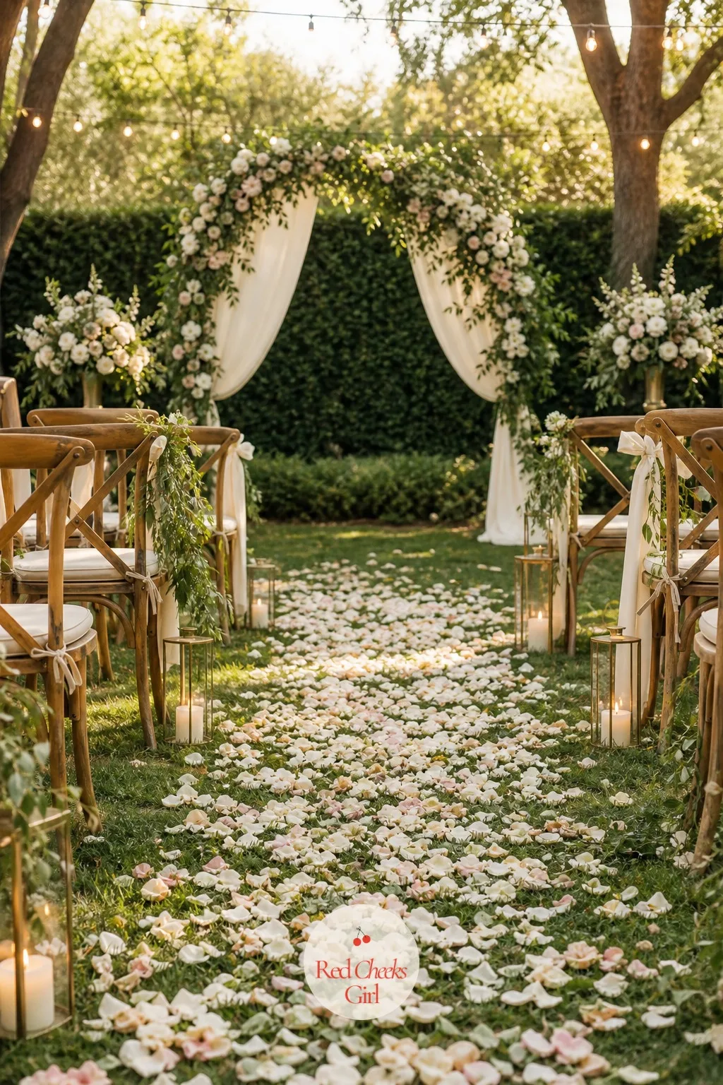 A Petal Path To The Arch — An aisle runner on grass rolls up in the first gust and looks a little try-hard by the time guests are seated. Backyard wedding ideas