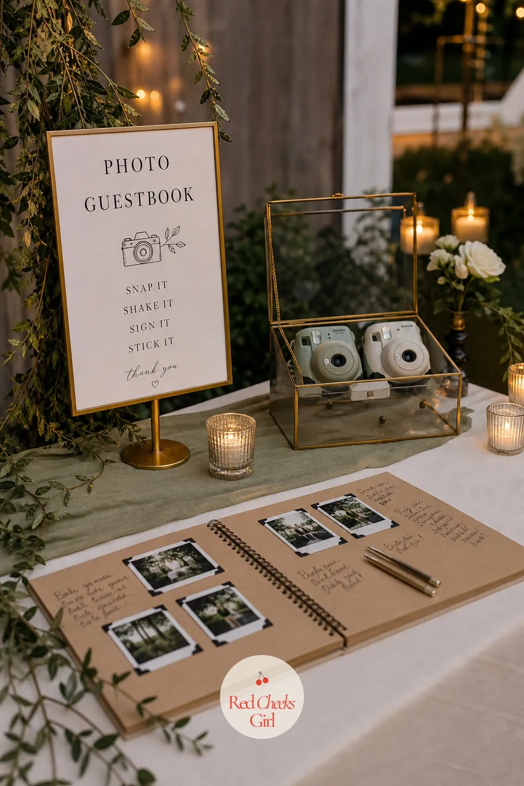 Photo Guestbook With Instant Cameras — A traditional sign-the-book guestbook gets a scrawled name and nothing else, and it sits in a drawer forever after.