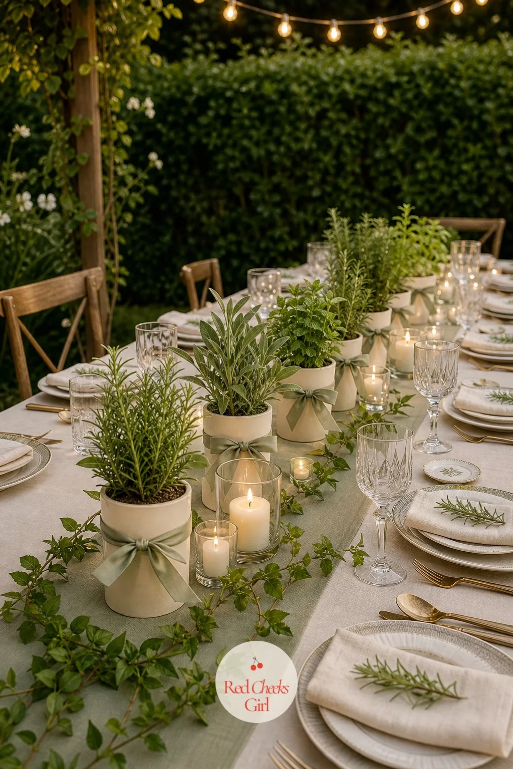 Potted Herb Centerpieces Down The Table — Cut flower centerpieces wilt fast in a warm evening and the cost per table adds up quickly. Backyard wedding ideas