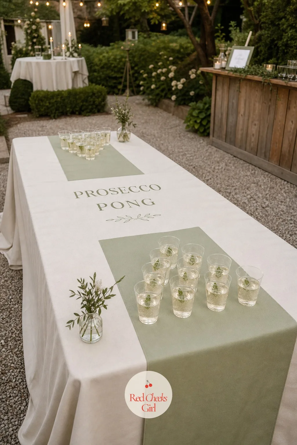 Prosecco Pong Table — Beer pong at a wedding sounds like a frat house mistake, until the cups are full of prosecco and the table wears the same cream and sage