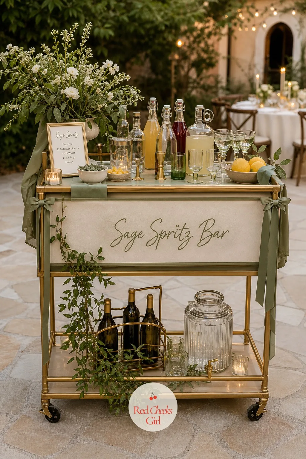 A Sage Spritz Bar Cart — A full open bar with a dozen options quietly eats the budget before the cake is even cut. Backyard wedding ideas