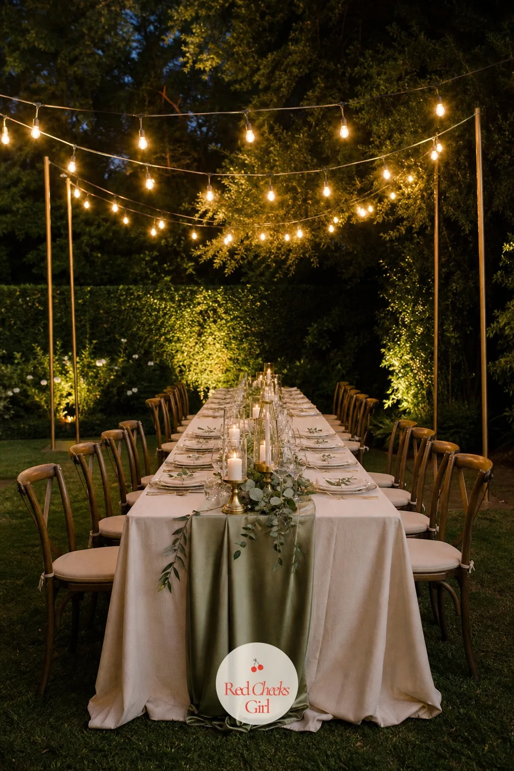 String Light Canopy Over One Long Table — Worried string lights will look like a dorm room ceiling. Backyard wedding ideas