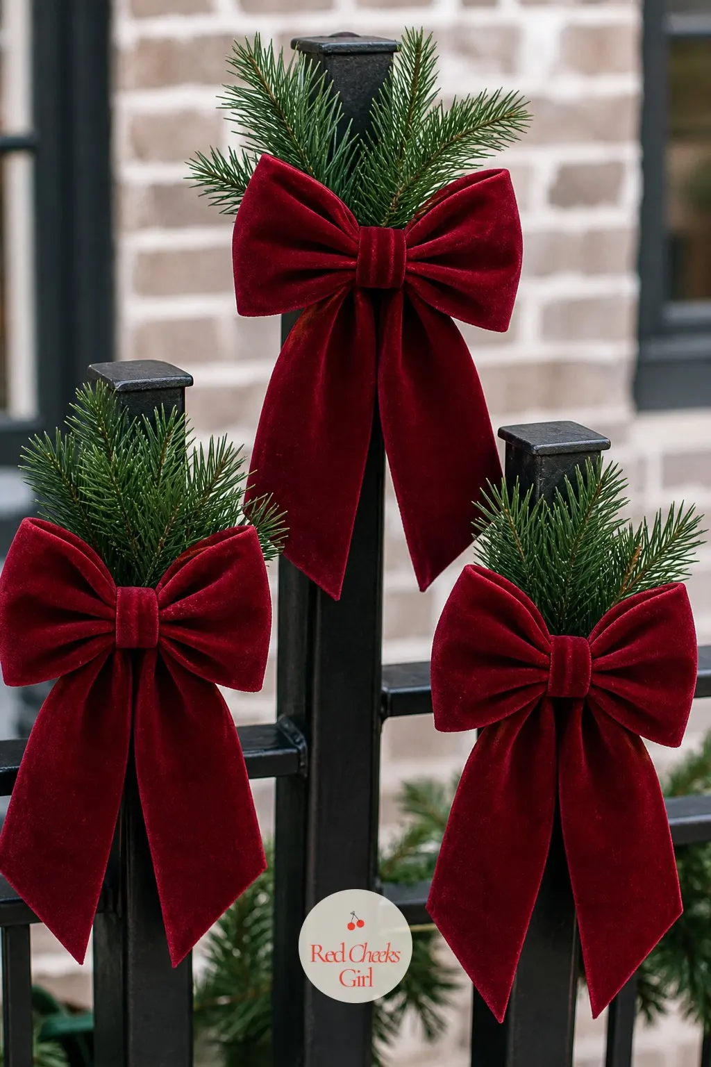 A Cranberry Velvet Bow Trio Clipped to the Corner Posts — Three bows, not one, is the trick: a single bow on a balcony rail reads as an afterthought, three in
