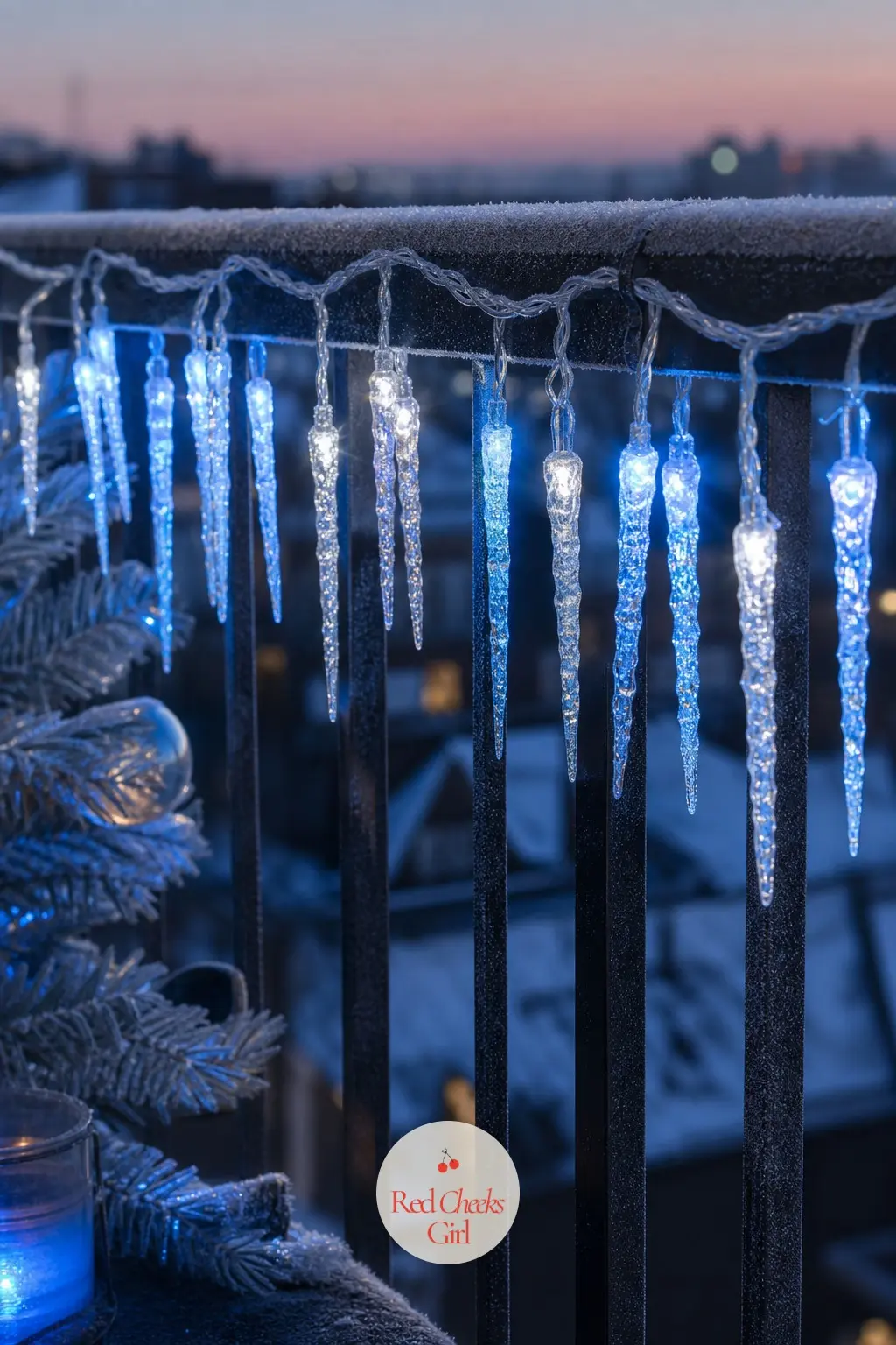 A Frozen Blue and Silver Icicle Light Drape Along the Top Rail — Icicle lights drip rather than string, so they do the cold, glassy look of an actual frozen