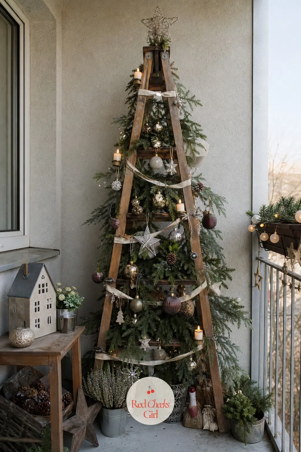 A Ladder Tree Made From a Leaning Wooden Stepladder, Strung With Clip On Candles — A wooden stepladder leaned into a corner gives a tree shaped silhouette