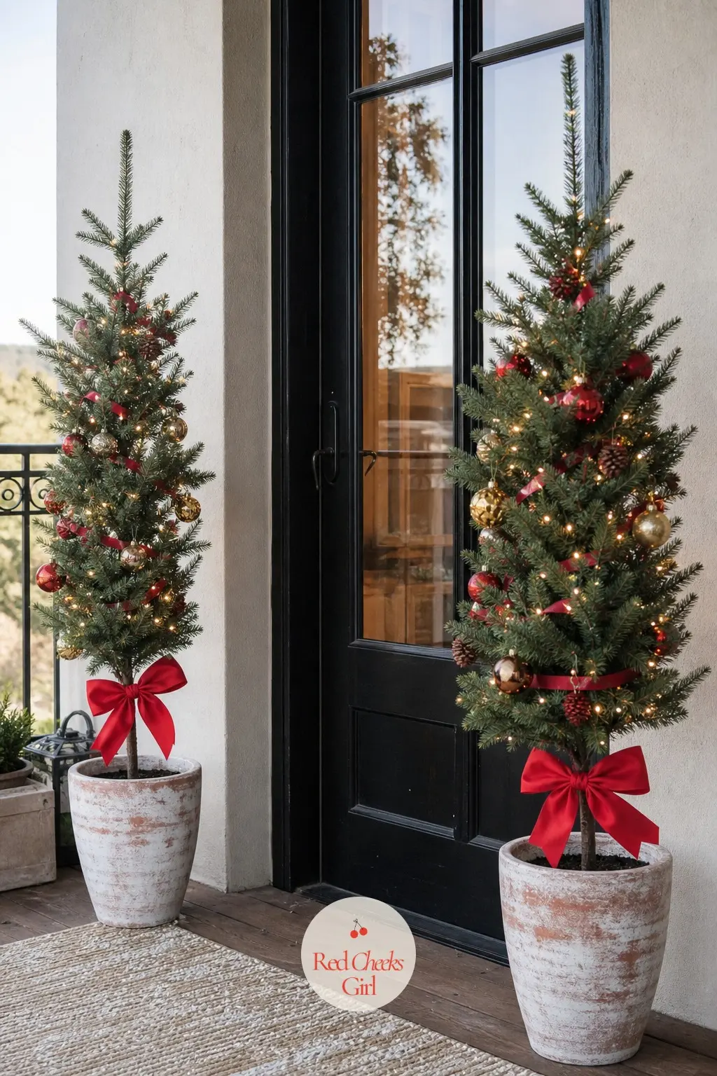 A Pair of Dwarf Spruce Trees in Whitewashed Terracotta Pots Either Side of the Door — Symmetry does a lot of work on a narrow balcony: one small tree on each