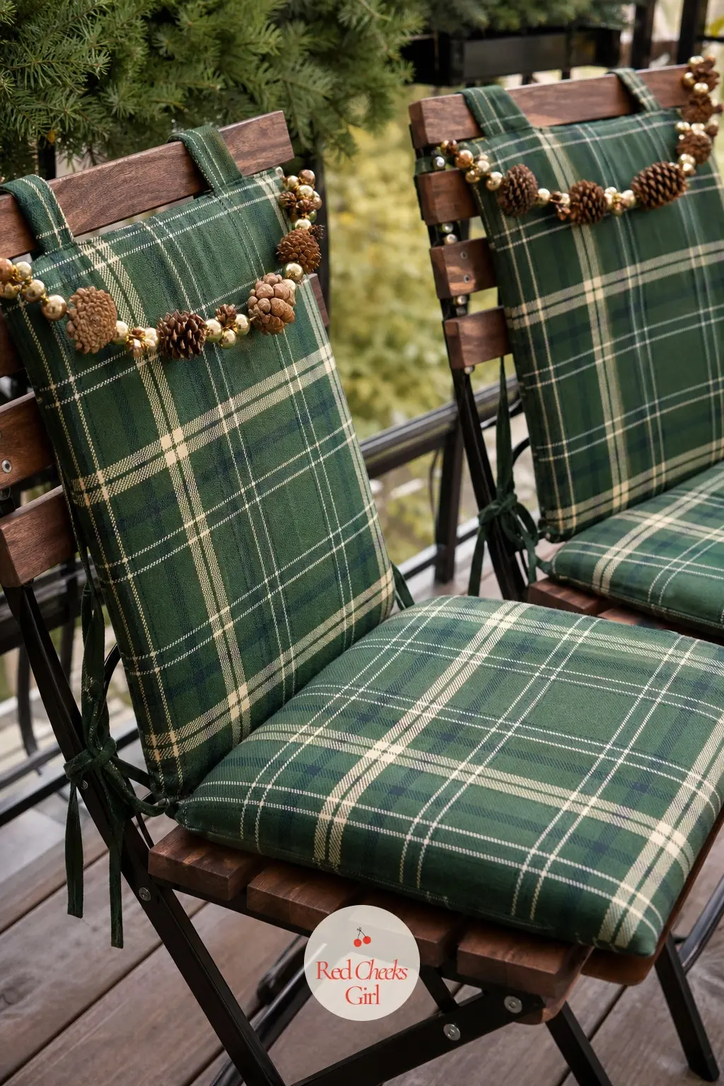 A Pair of Folding Chairs Fitted With Hunter Green Tartan Cushions and a Pinecone Garland — Folding chairs are the honest answer to a balcony too small for real