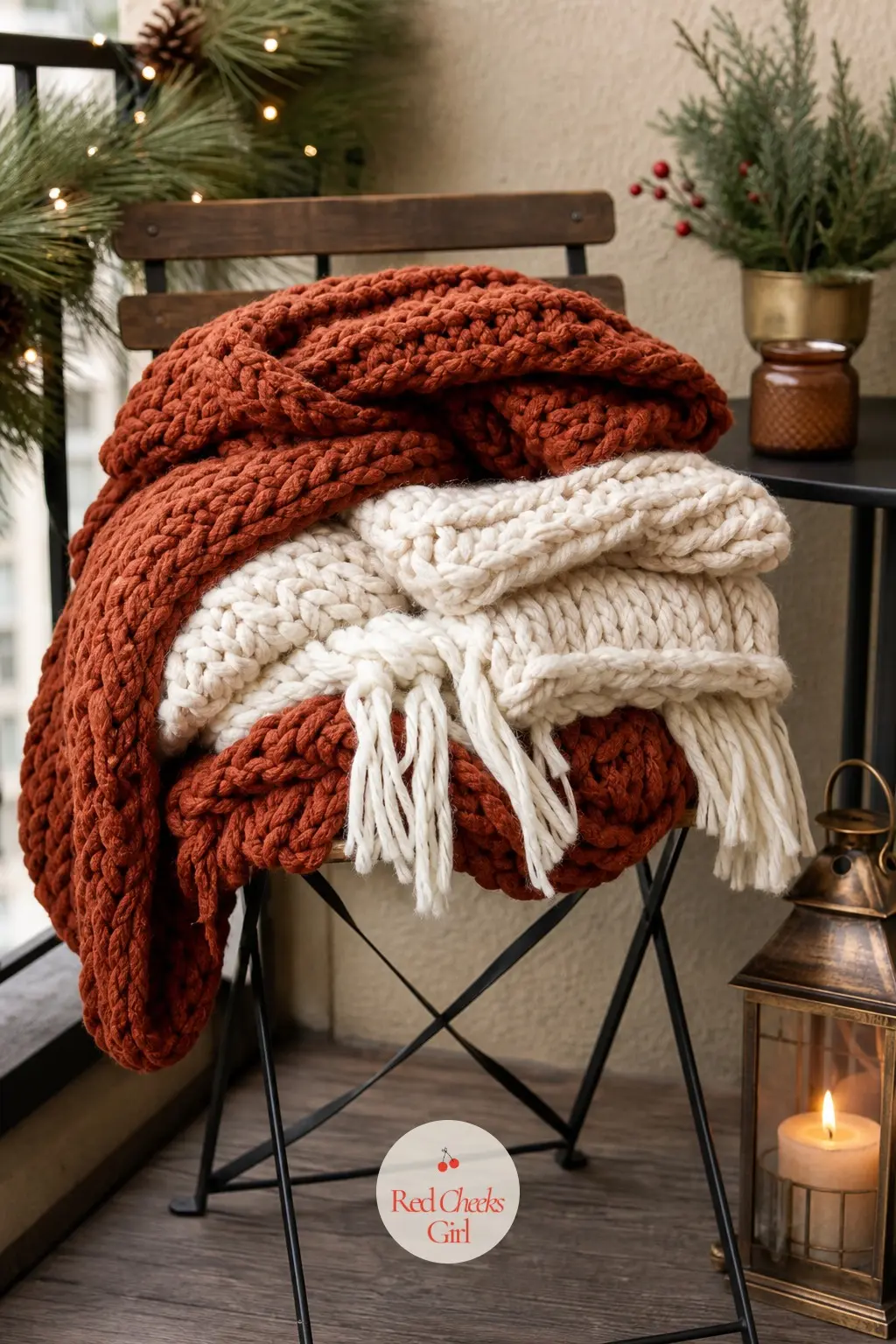 A Stack of Chunky Knit Throws in Rust and Cream Piled on a Single Bistro Chair — One chair, properly dressed, beats two chairs left bare. Balcony christmas