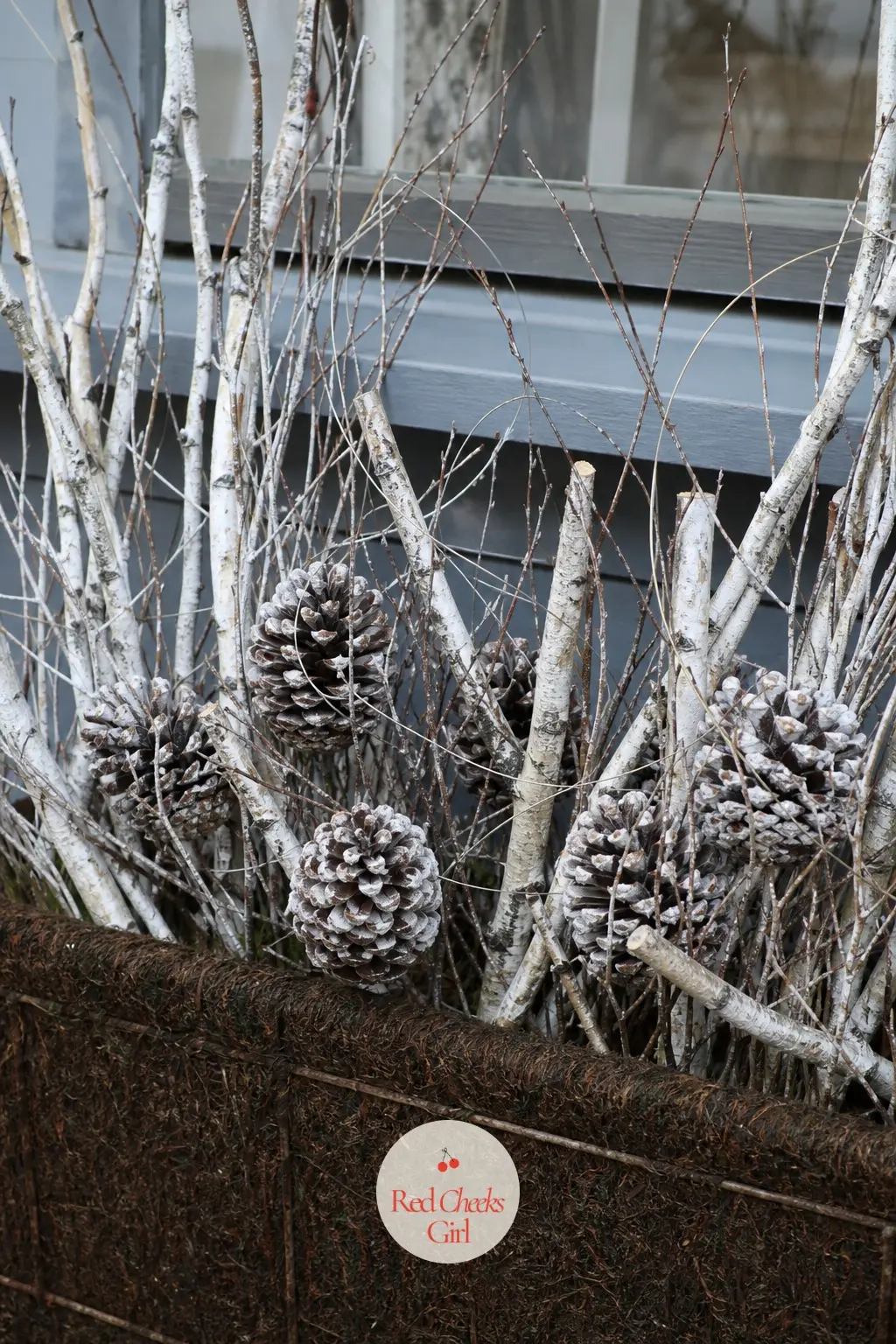 A Window Box Filled With Silver Birch Twigs and Frosted Pinecones — A window box left empty over winter is a wasted ledge. Balcony christmas decor