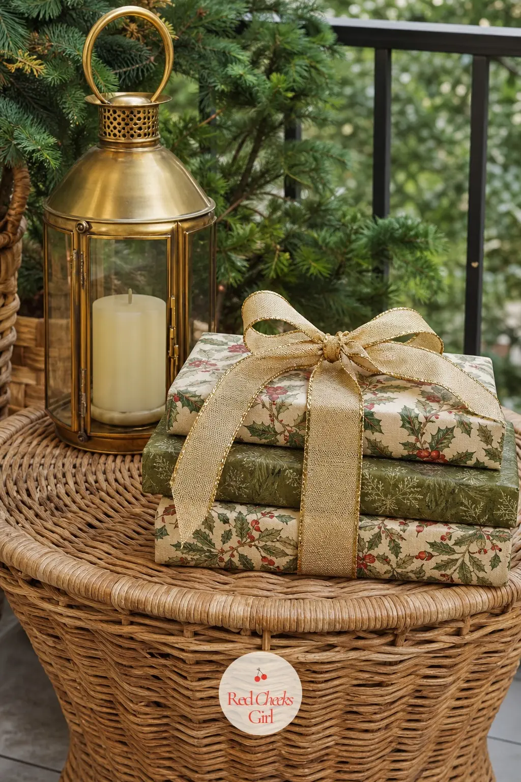 A Woven Rattan Side Table Set With a Brass Lantern and a Stack of Wrapped Books — A tray on a balcony table has become the obvious move, so skip the tray and