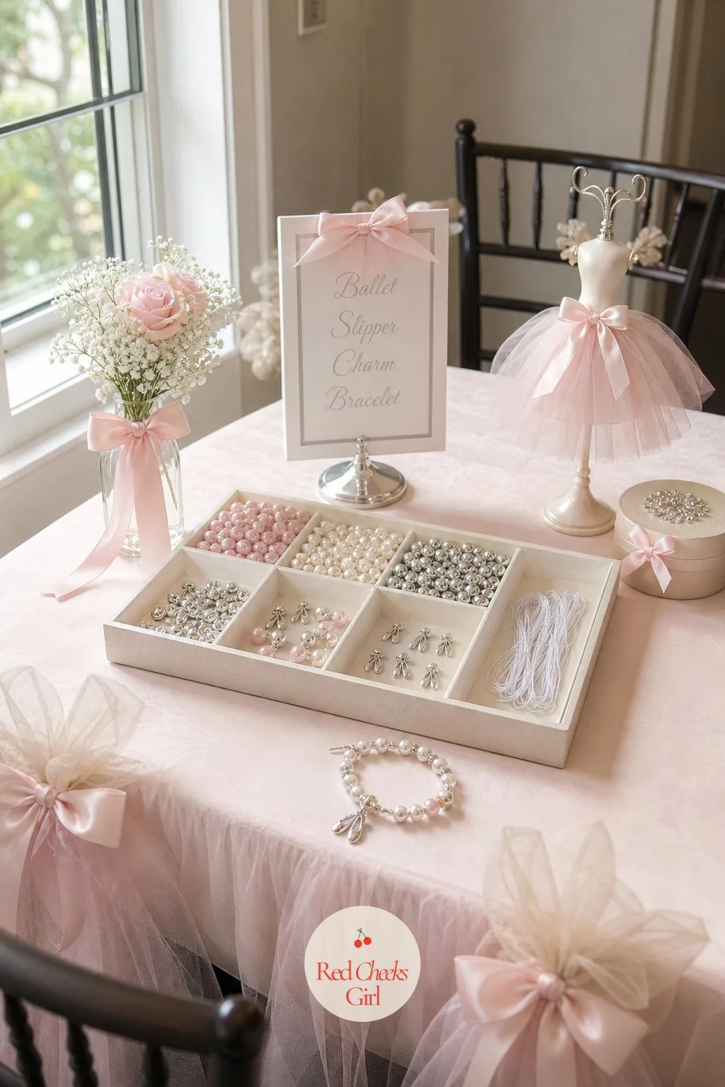 The Ballet Slipper Charm Bracelet Table — A third station keeps older guests at the craft table a little longer once the tutu and wand are done. Ballerina