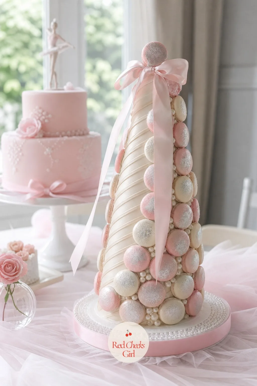 A Blush Macaron and Sugar Pearl Tower — Next to a tall cake, flat cookies disappear. Ballerina themed birthday party