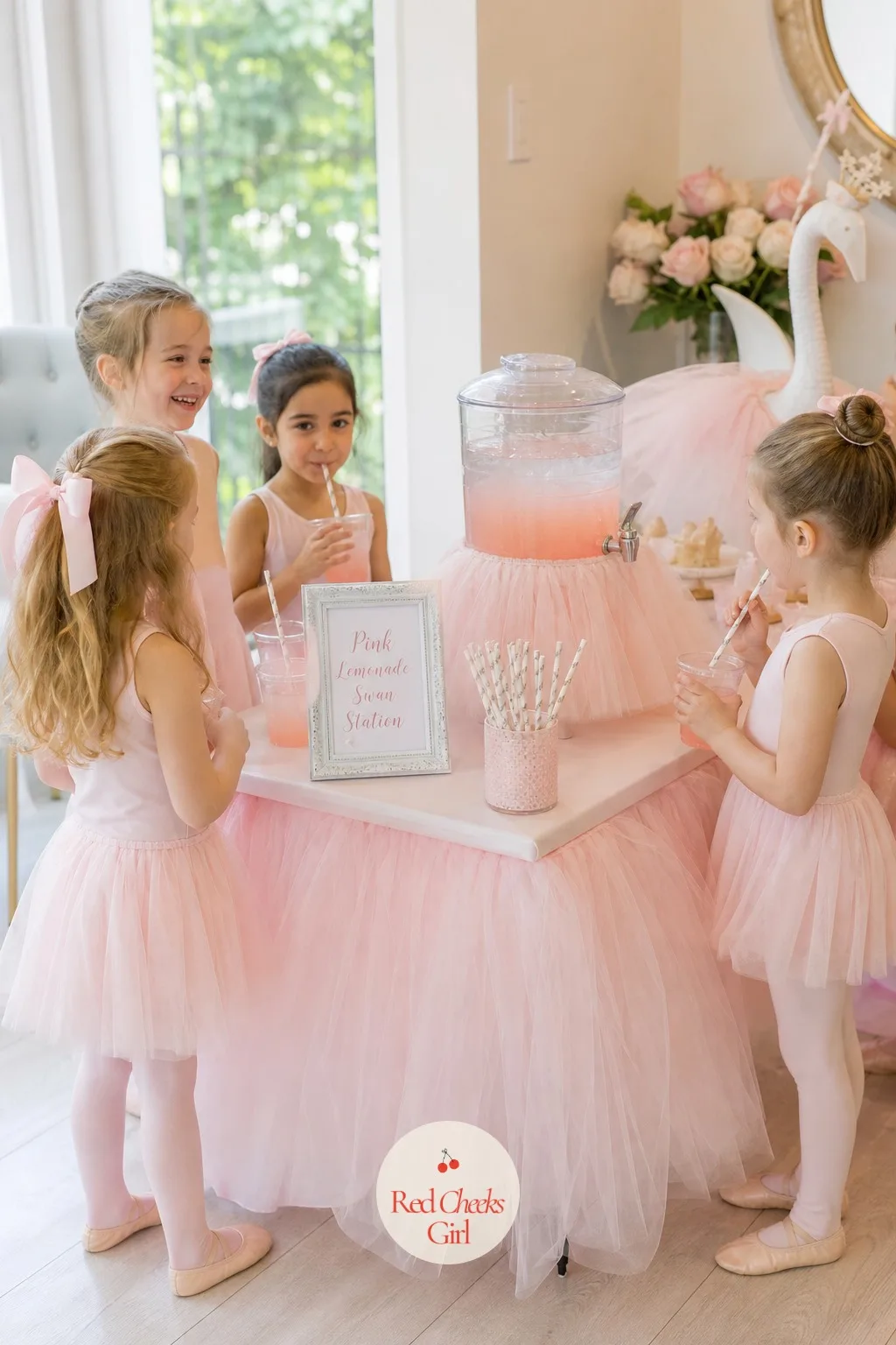 The Pink Lemonade Swan Station — A pitcher of lemonade sitting bare on a table does not photograph as anything. Ballerina themed birthday party
