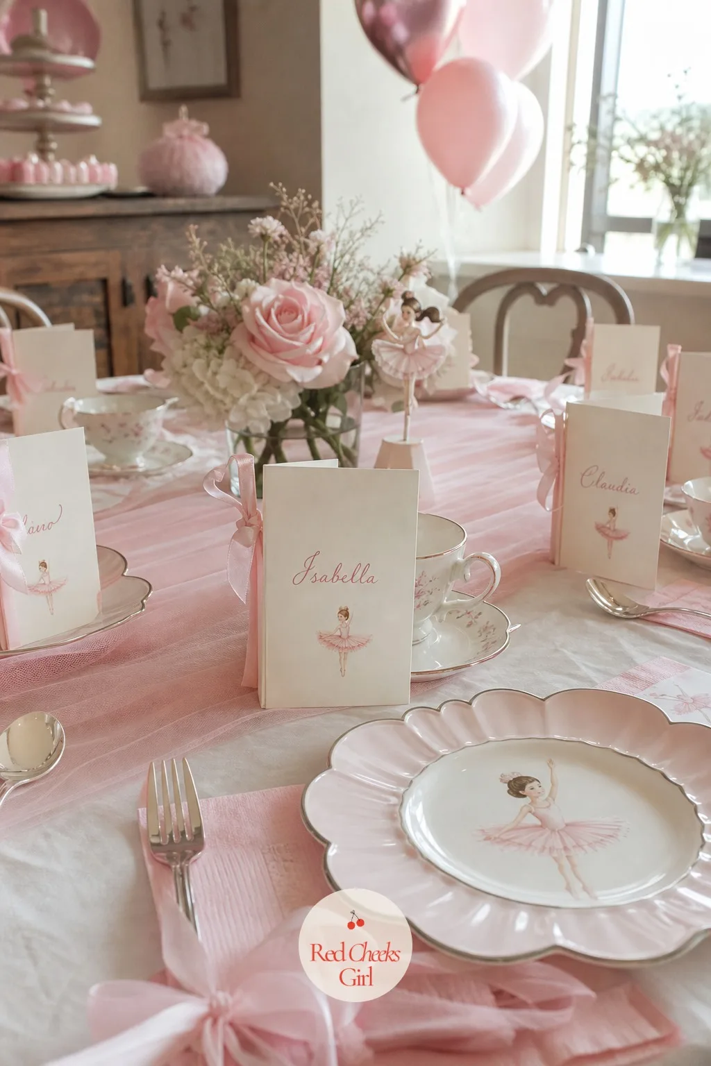 Place Cards Folded Like Tiny Ballet Programs — A folded card with a name on it is easy to skip. Ballerina themed birthday party