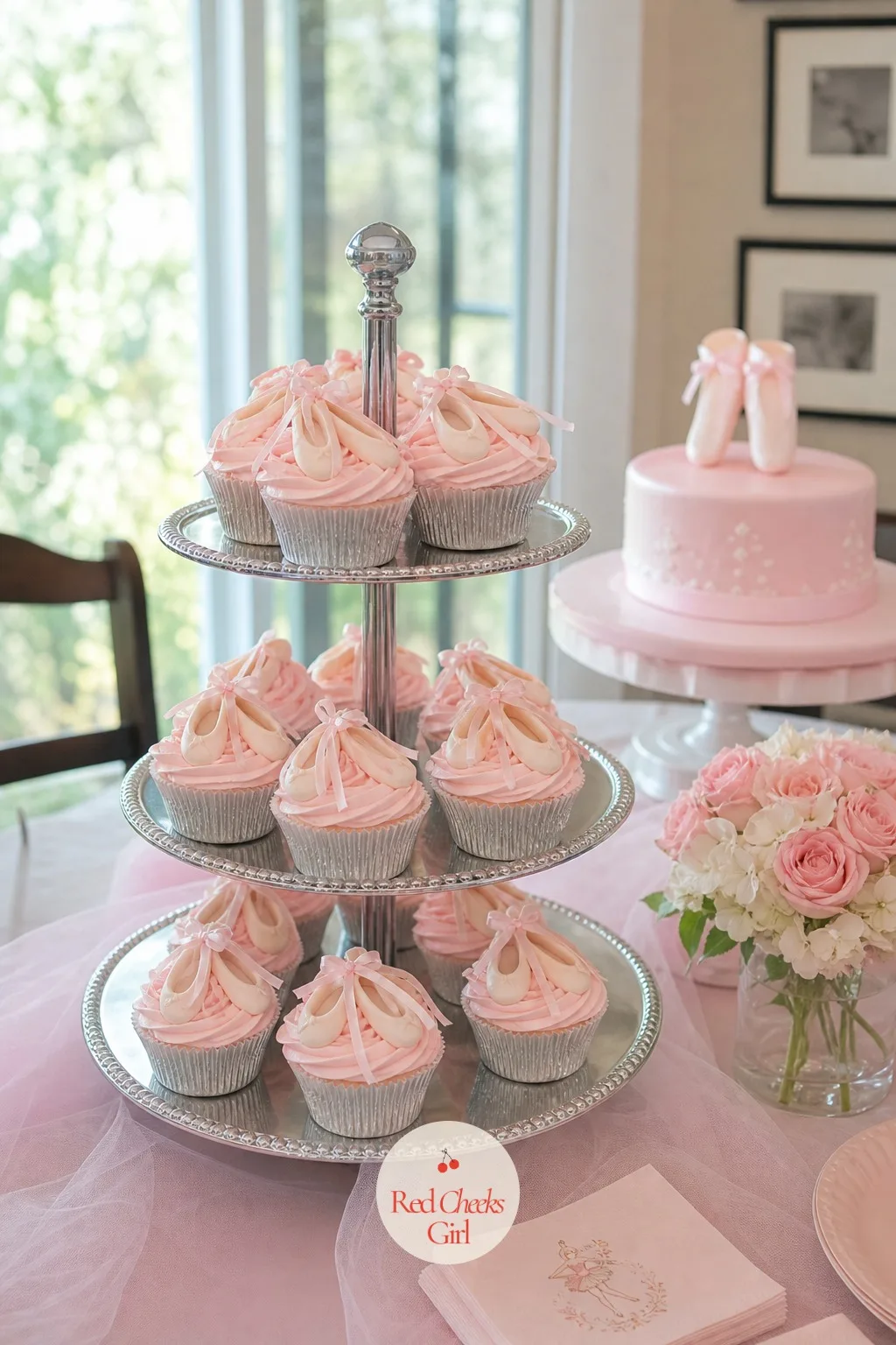 Pointe Shoe Cupcakes on a Tiered Stand — A plain pink cupcake says party. Ballerina themed birthday party