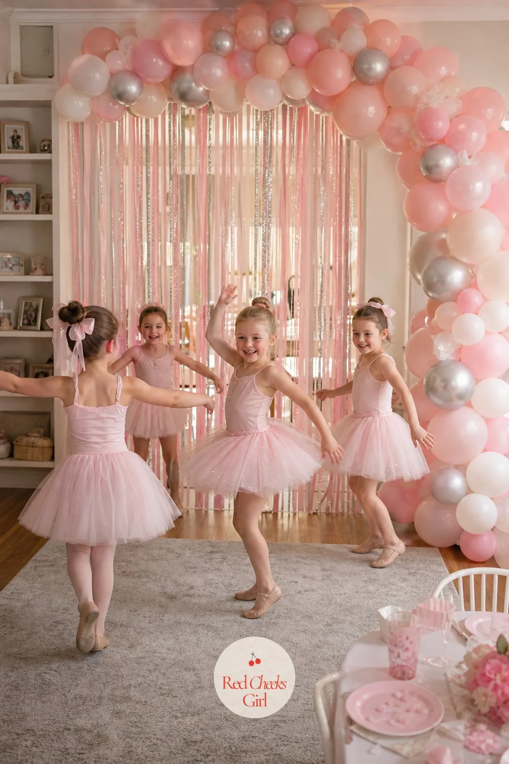 The Ribbon Curtain and Balloon Arch Dance Floor — A living room does not need a stage to become one. Ballerina themed birthday party
