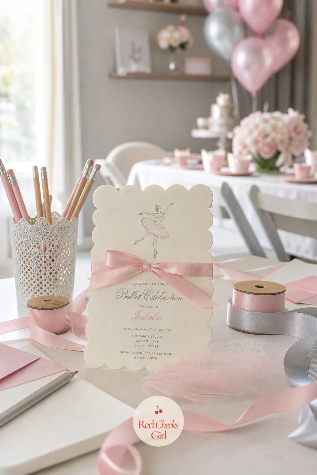 The Scalloped Ballet Invitation — Before anyone sees a single balloon, they see this, so it carries the whole feeling of the party in one small card. Ballerina