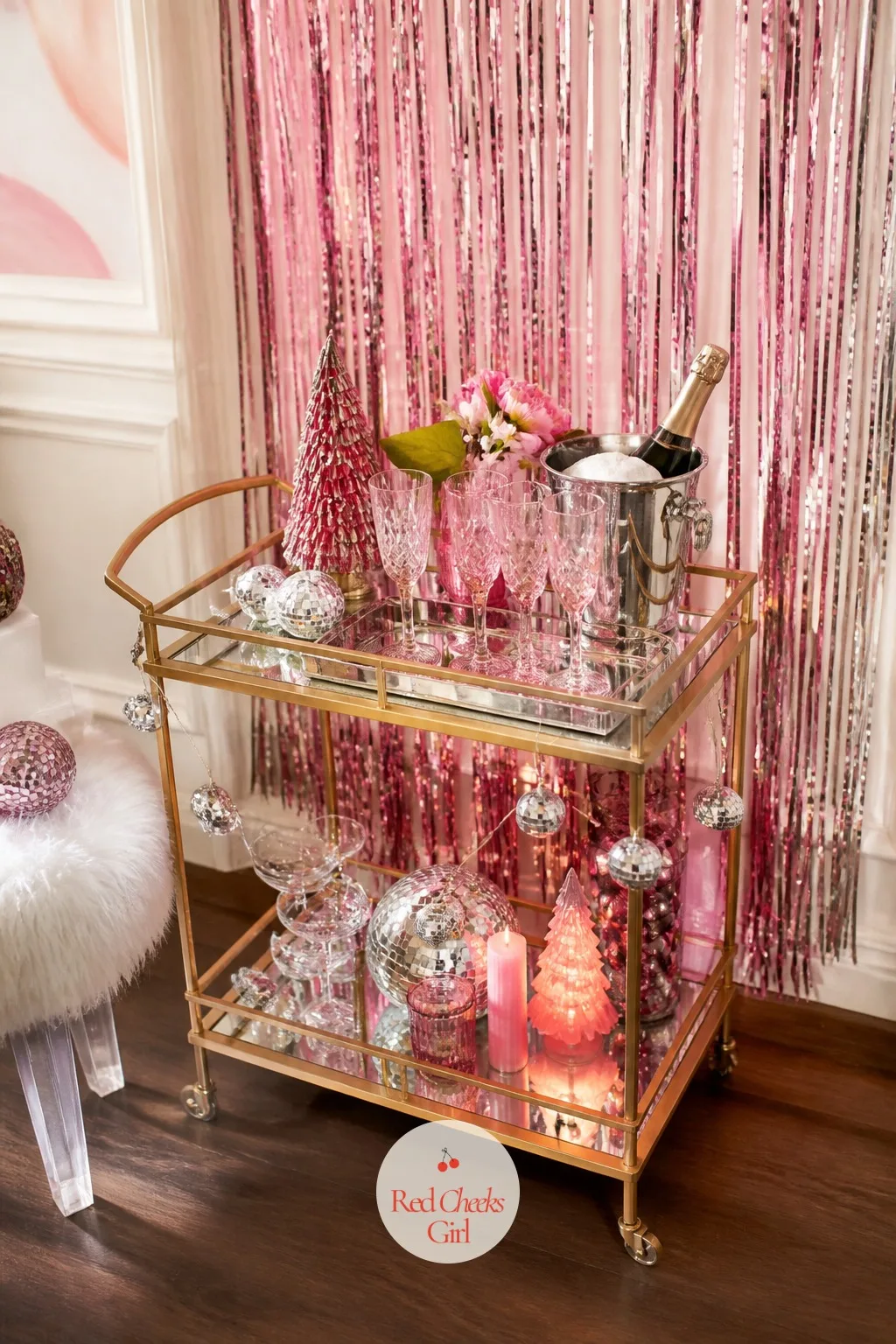 The Bar Cart, Stocked Like a Pink Lounge — Nobody drinks eggnog standing next to a cart that still looks like the rest of the year. Barbie christmas