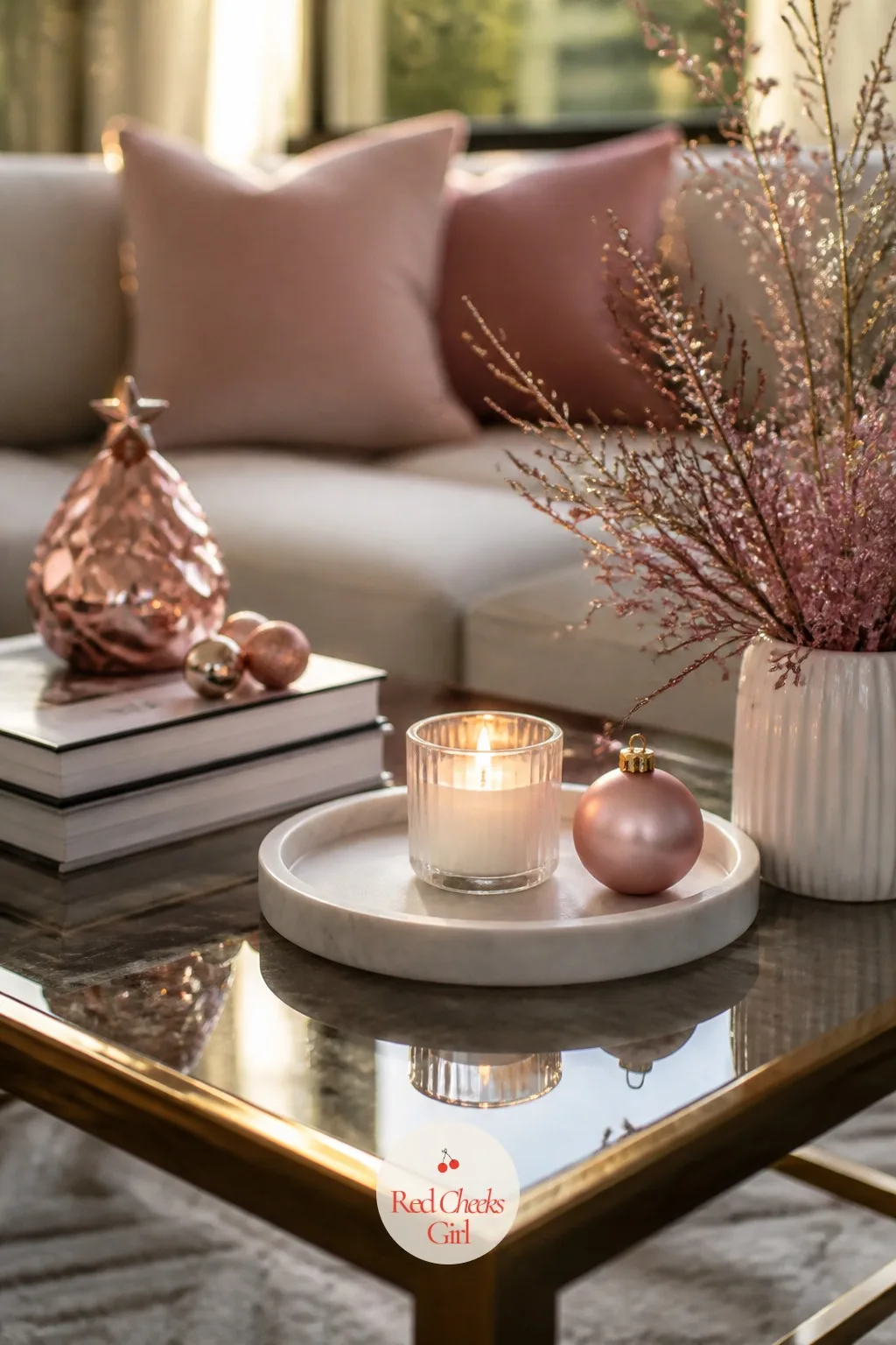 The Coffee Table, Styled Low and Glossy — This is the surface everyone's knees end up next to on the sofa, so it gets touched more than almost anything else in