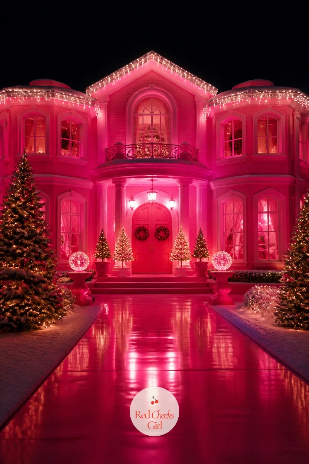 The Facade, Lit Up Like the Box It Came In — From the street, this is the moment the whole theme announces itself before anyone even reaches the door. Barbie
