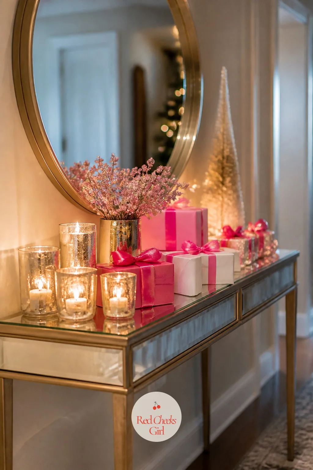 The Hallway Console, Lit Like a Vanity — Whoever passes this table should catch their own reflection doubled, once in the mirror above it and once in the
