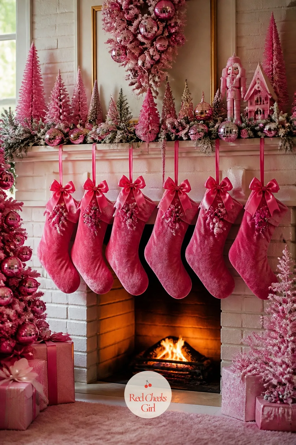 The Hearth, Lined Like a Doll Shelf — Six stockings in a neat row do something a single one never could: they make the room look like a household, even the