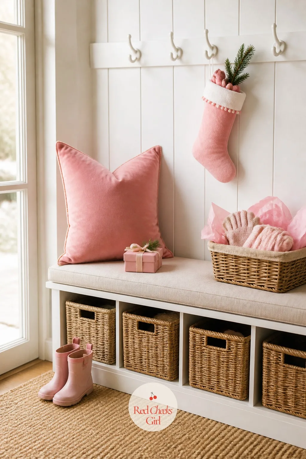 The Mudroom Bench, Small and Still Dressed — This is the corner nobody plans to decorate and the one that gives the game away if it is left plain. Barbie