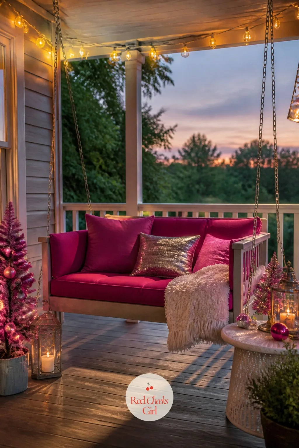 The Porch Swing, Dressed for Sitting Out After Dark — A porch left bare makes the whole front of the house feel unfinished, even once the wreath is up. Barbie