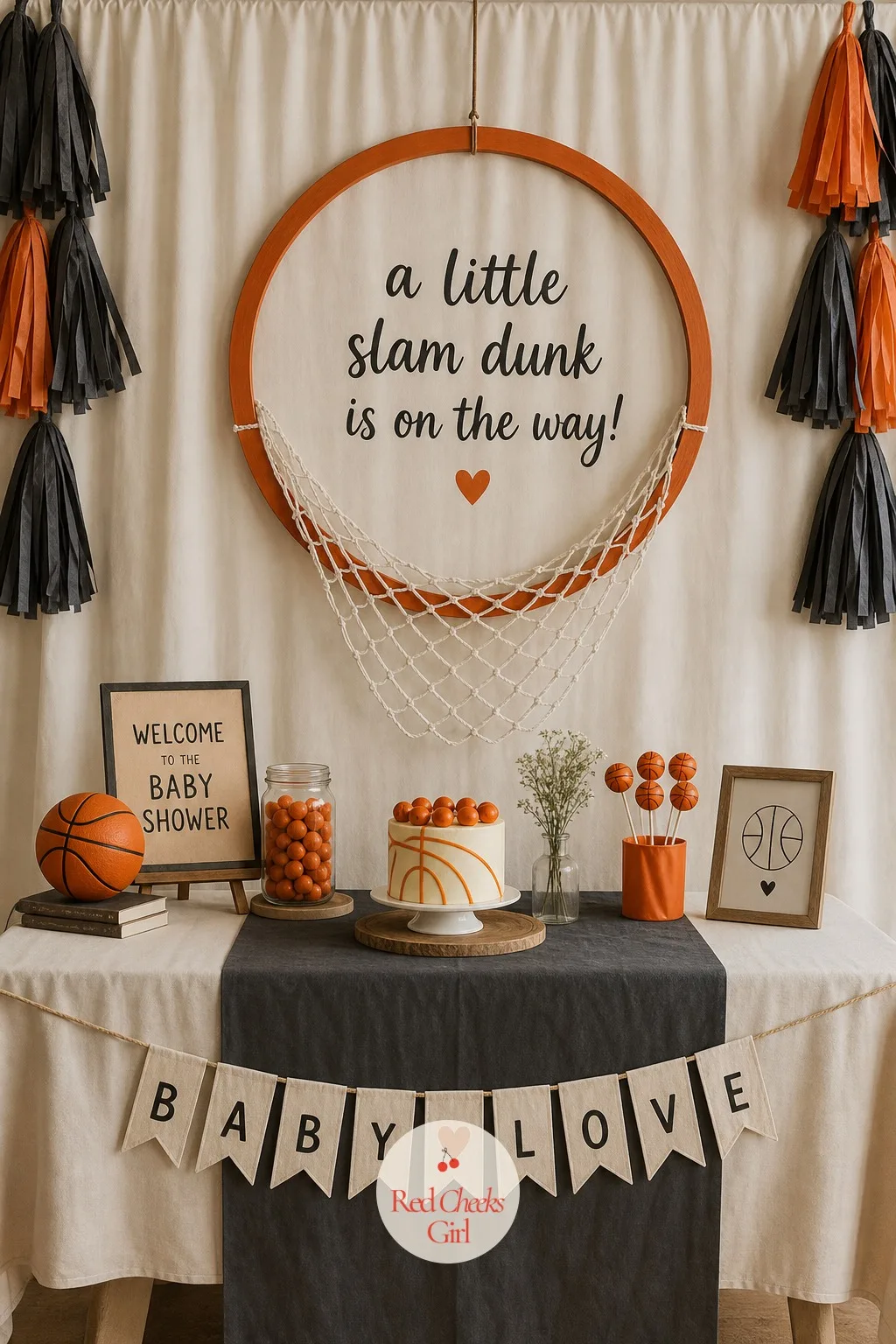 Hoop Backdrop for Photos — Give guests one clean spot to stand in front of before the cake gets cut and everyone scatters. Basketball theme baby shower ideas
