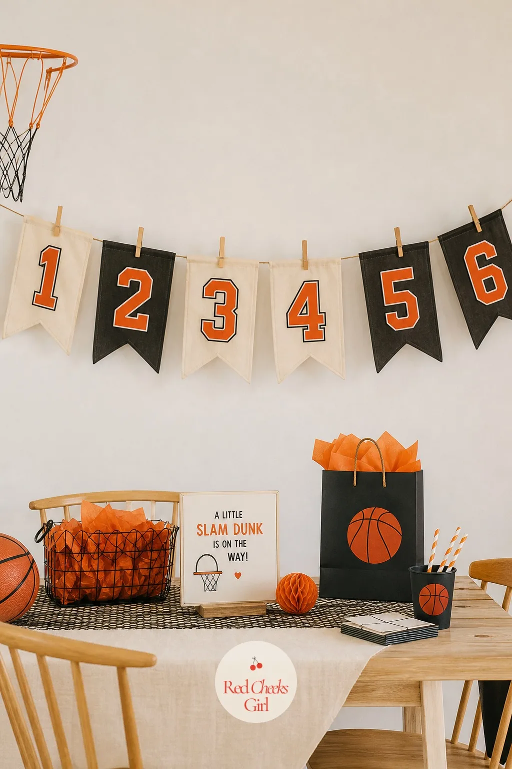 Jersey-Number Banner on Plain Cloth — A row of plain cloth pennants, each carrying a single bold number, does the job of a jersey without needing an actual