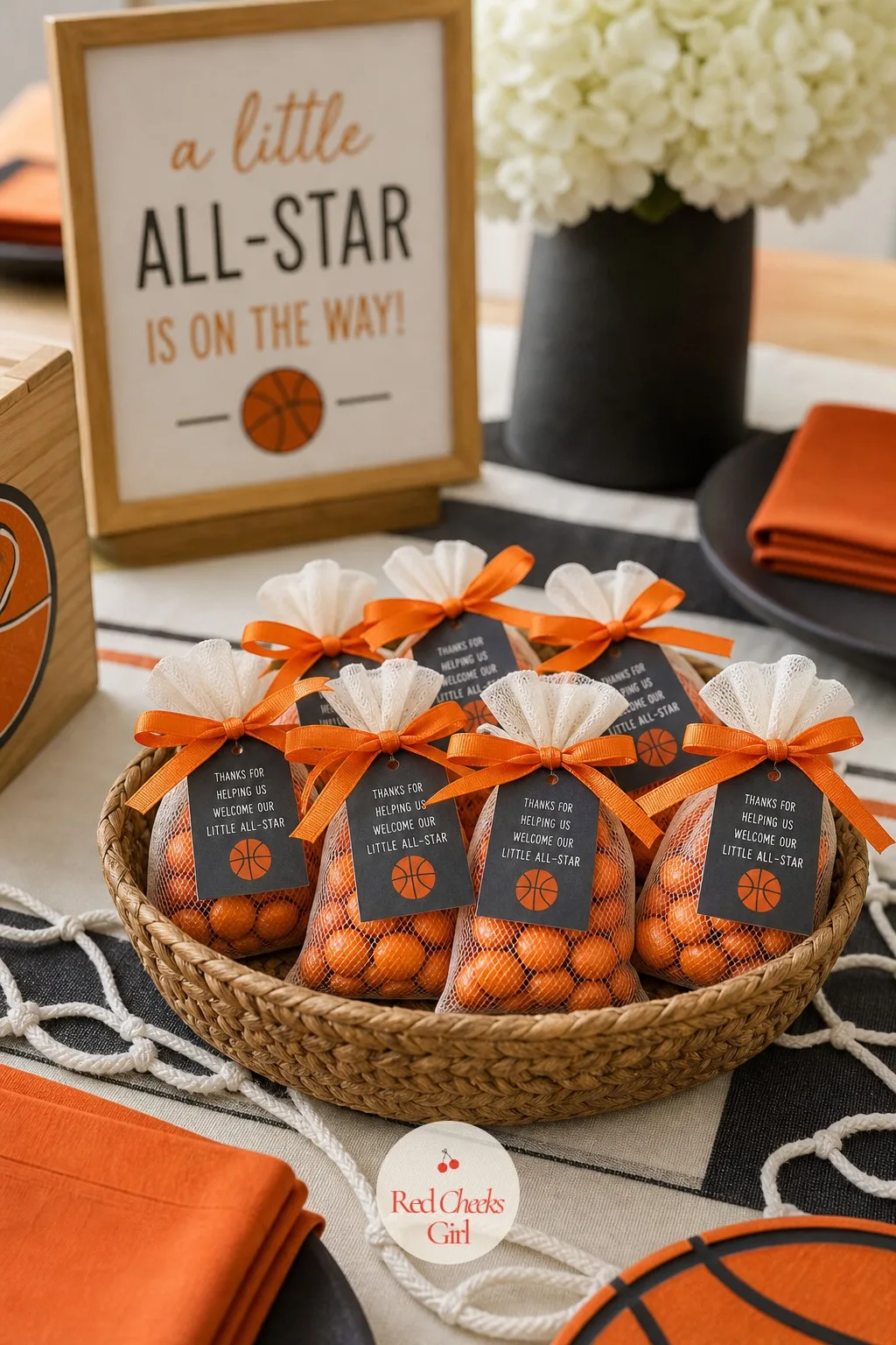 Mini Candy Basketball Favor Bags — A good favour from this theme looks like it belongs on the dessert table too, not like a plastic bag someone grabbed on the