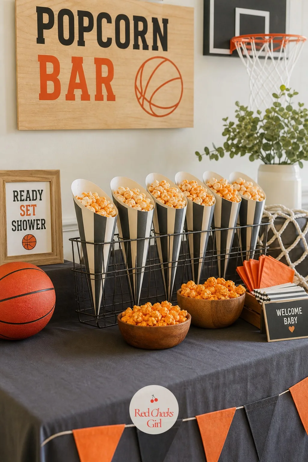 Popcorn Bar in Cones — Something salty at the end of a very sweet table is a small relief, and a row of paper cones filled with popcorn does the job without