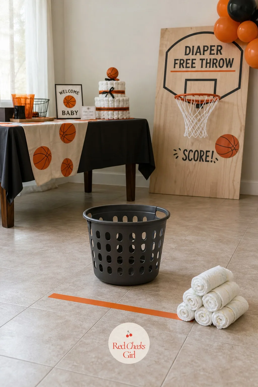 Rolled-Diaper Free-Throw Toss — A laundry basket or small bin stands in as the hoop at one end of a room or backyard. Basketball theme baby shower ideas