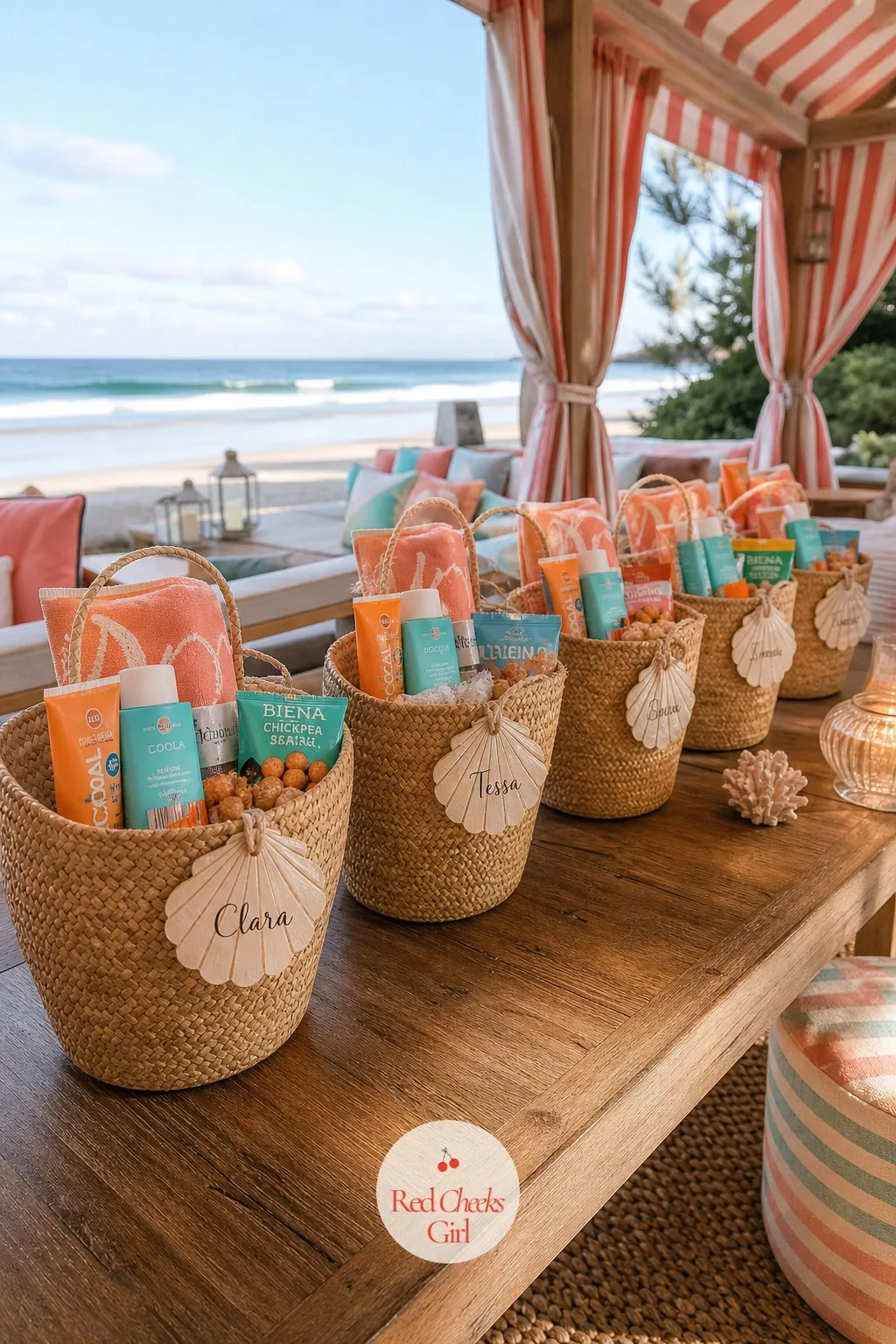 Beach Bag Favors Packed For The Morning After — By the last night, everyone knows exactly what they'll need in the morning, and a packed bag waiting on the