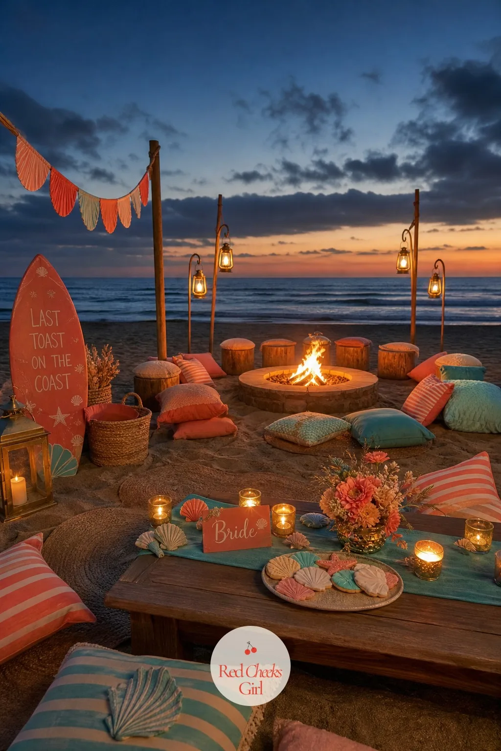A Beach Bonfire With Low Seating — Once the sun drops, the whole party needs one warm centre to gather around, and nothing does that like an actual fire. Beach