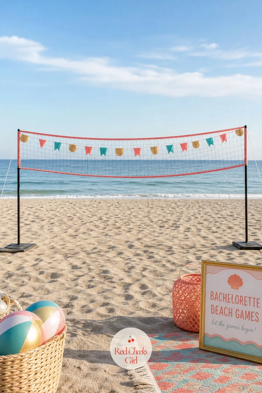 A Beach Volleyball Net Strung With Coral Flags — Somewhere in the afternoon the group needs to move, and a volleyball net gives the competitive ones somewhere