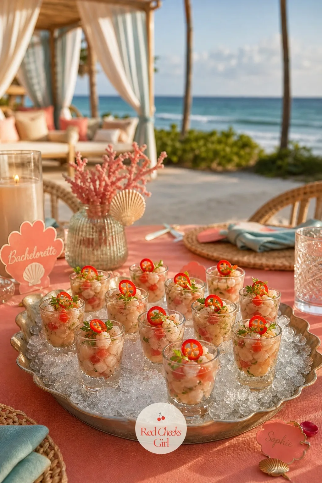 Chilled Shrimp Ceviche In Shot Glasses — After the fruit and the sugar, the table needs one savoury thing or the whole spread tips sweet. Beach bachelorette