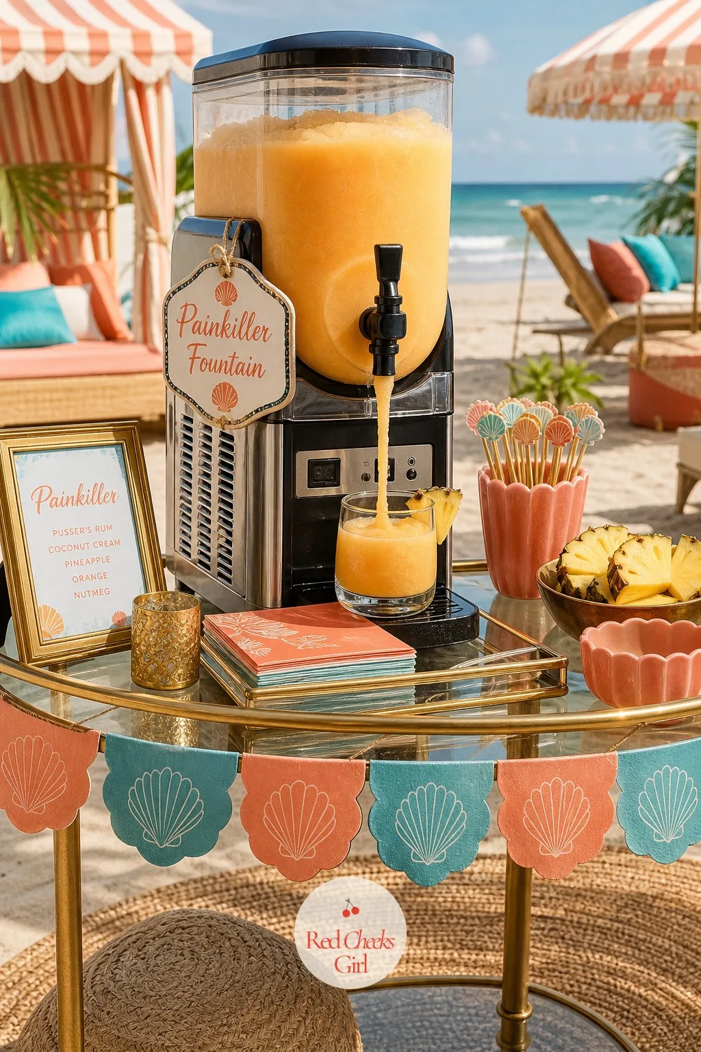 A Frozen Painkiller Fountain — By the hottest part of the afternoon a frozen drink does more for morale than anything poured over ice. Beach bachelorette party
