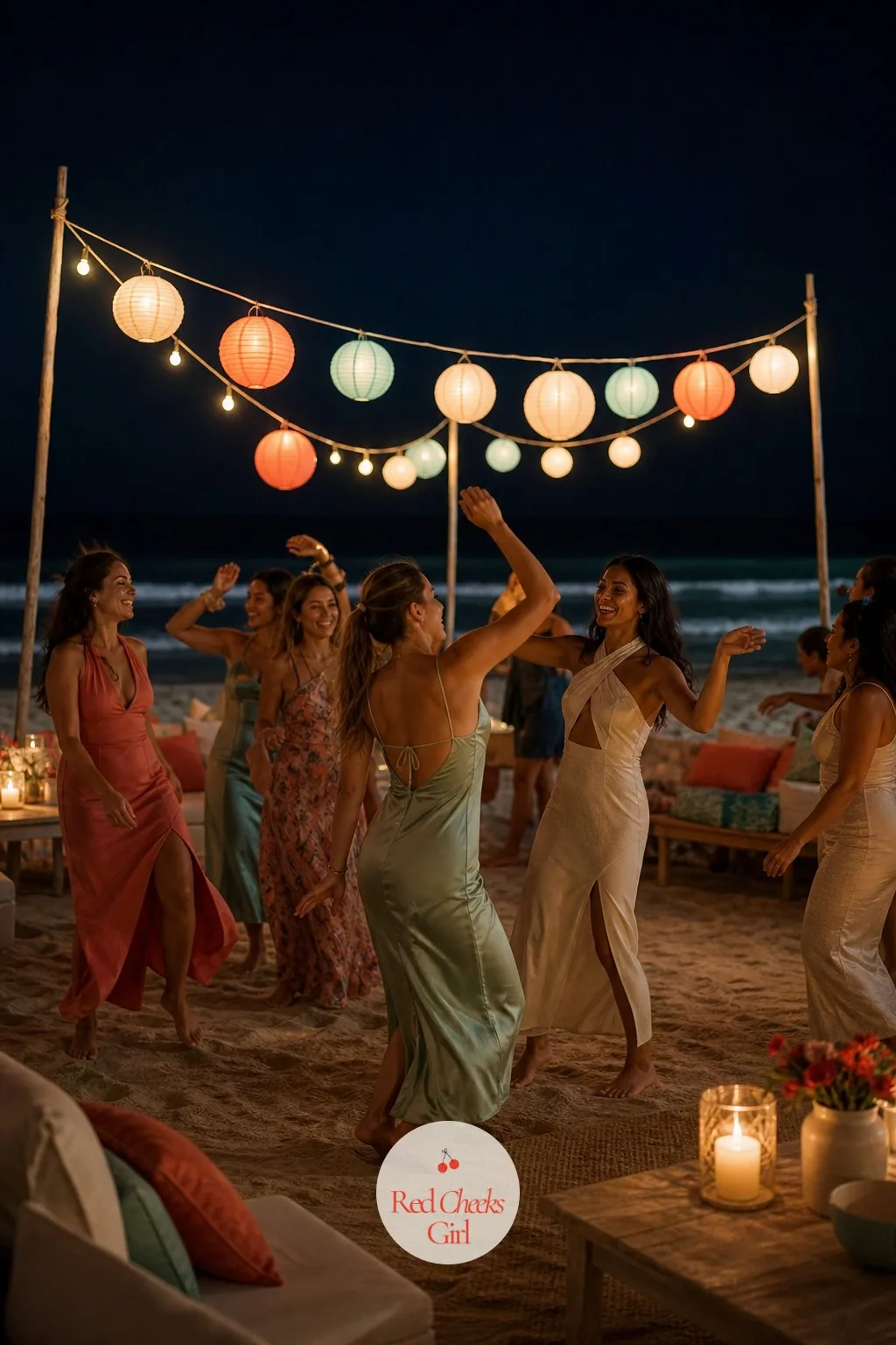 A Lantern-Strung Patch Of Sand For Dancing — After the sparklers burn down, the group needs somewhere to actually dance, and a lit patch of sand marks it