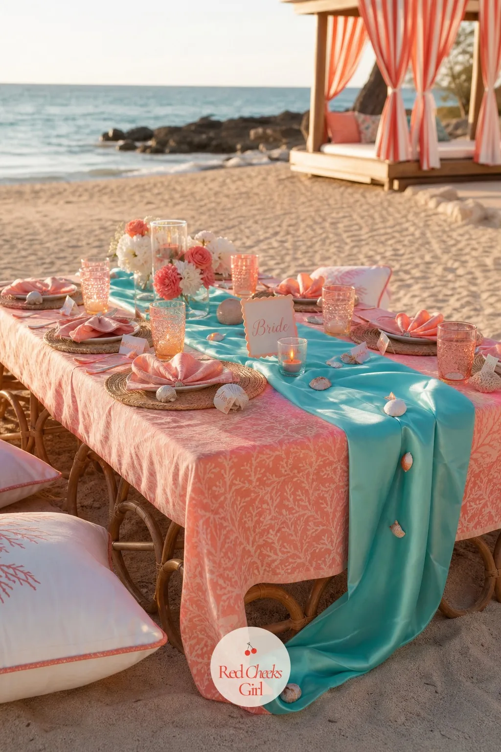 A Low Beach Table Dressed In Coral — A picnic blanket covered in dishes always ends up looking like a yard sale by hour two. Beach bachelorette party