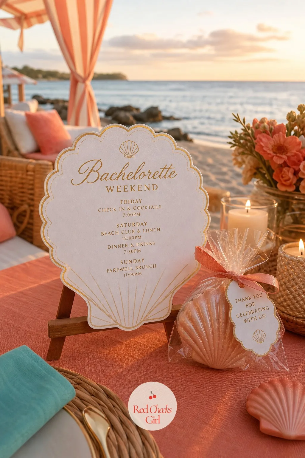A Printed Itinerary Card Shaped Like A Shell — The last thing anyone needs is to keep asking the bride what time breakfast is. Beach bachelorette party