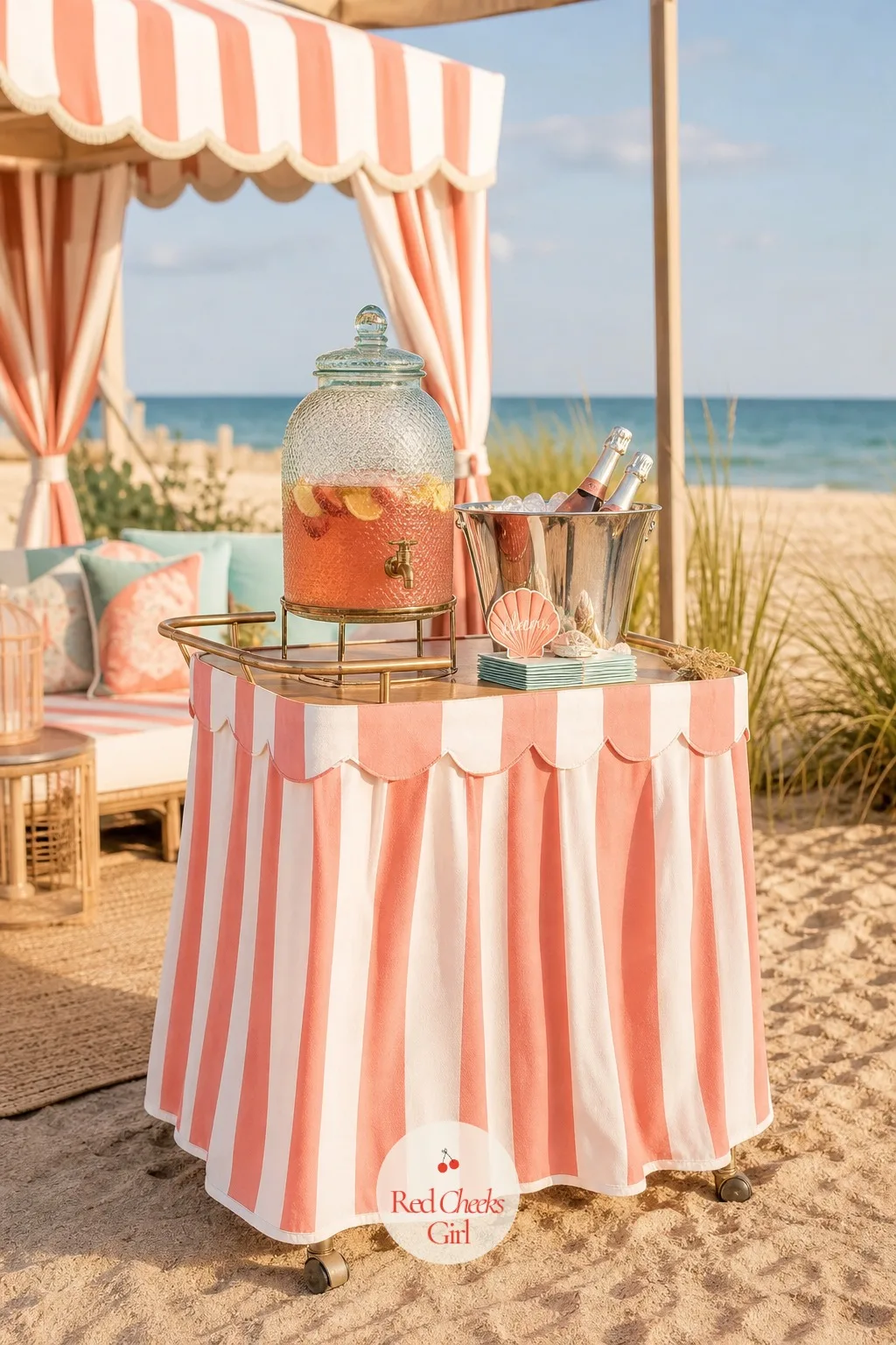 A Striped Canopy Bar Cart — Someone has to pour the coconut drinks from somewhere, and a bare cooler on the sand looks like an afterthought. Beach bachelorette