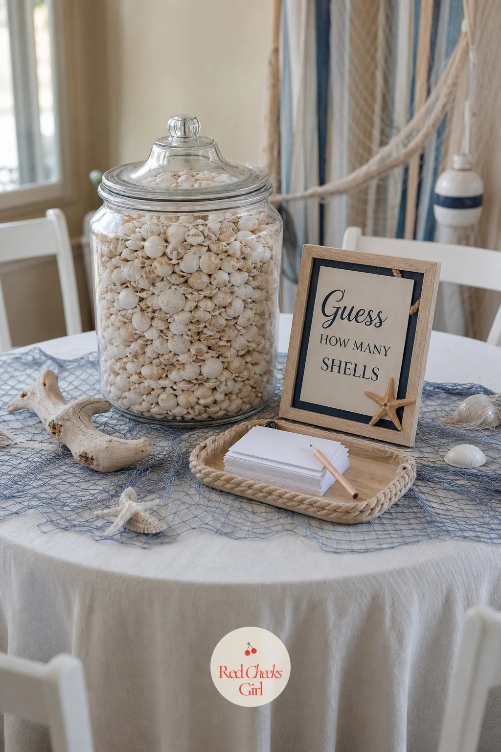 Guess How Many Shells — A large glass jar gets filled completely with small shells, counted and recorded ahead of time by whoever is hosting. Beach theme baby