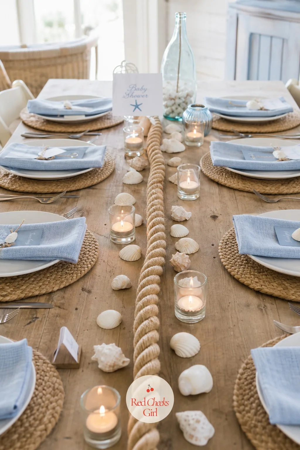 Rope and Shell Table Runner — This replaces a fabric runner with something that photographs more like the actual shore. Beach theme baby shower ideas