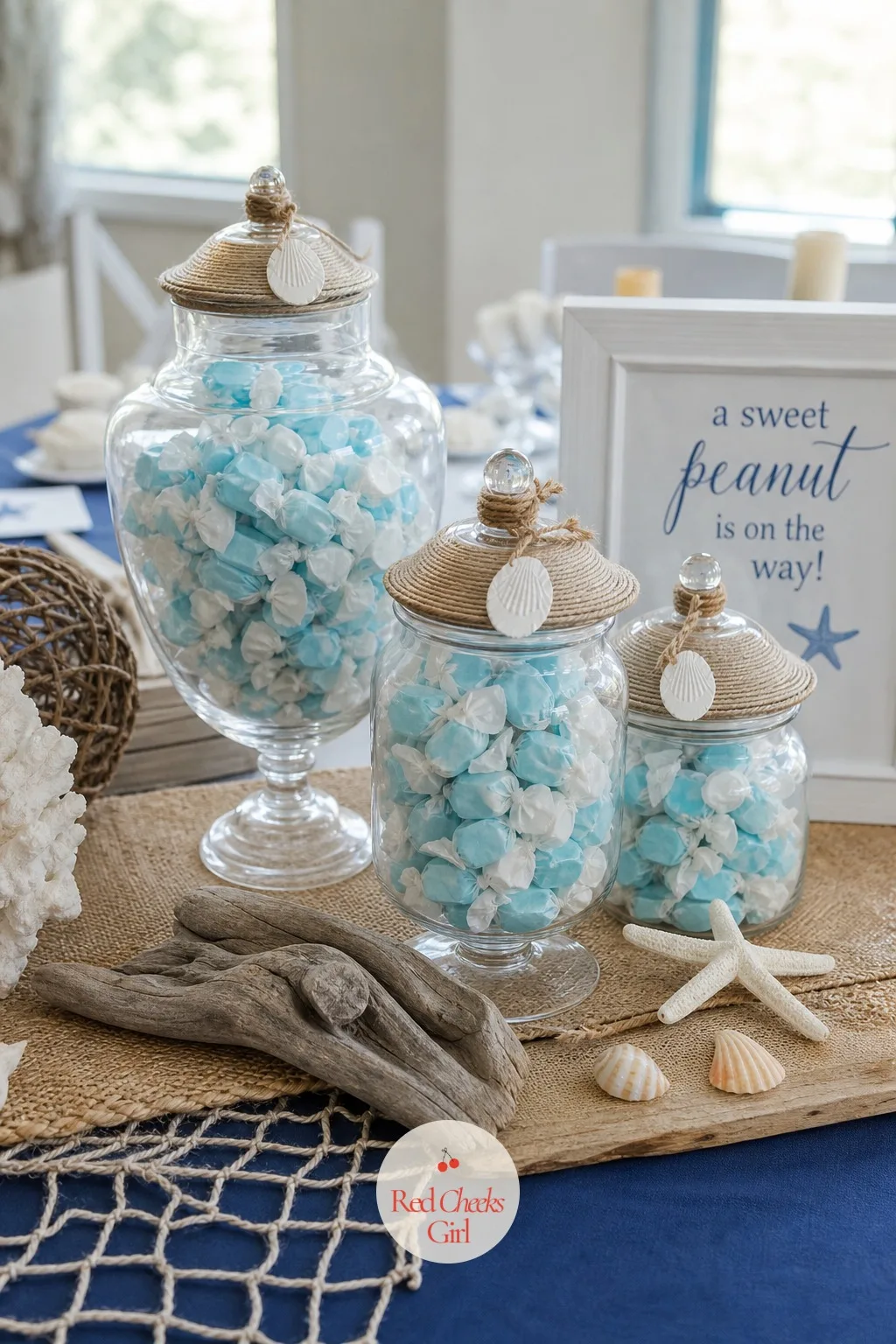 Salt Water Taffy Jars — These sit happily on a side table or double as a favor table filler, wherever the dessert spread runs short on color. Beach theme baby