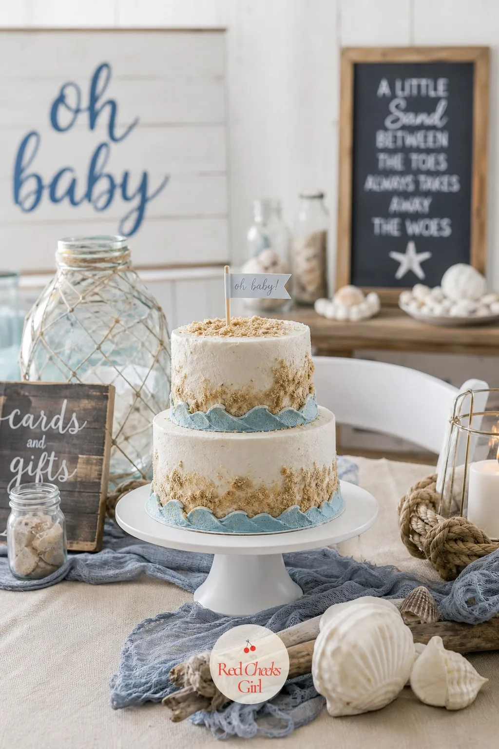 Sandcastle Cake — This is the one dessert that gets its own stand and its own breathing room on the table. Beach theme baby shower ideas