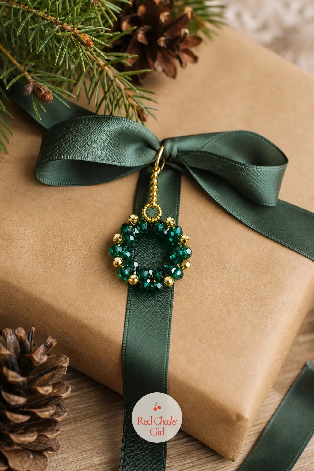 Beaded Wreath Ring — A miniature wreath ornament only works if the beads actually read as green from a few feet away, not as a vague blur, which is why emerald