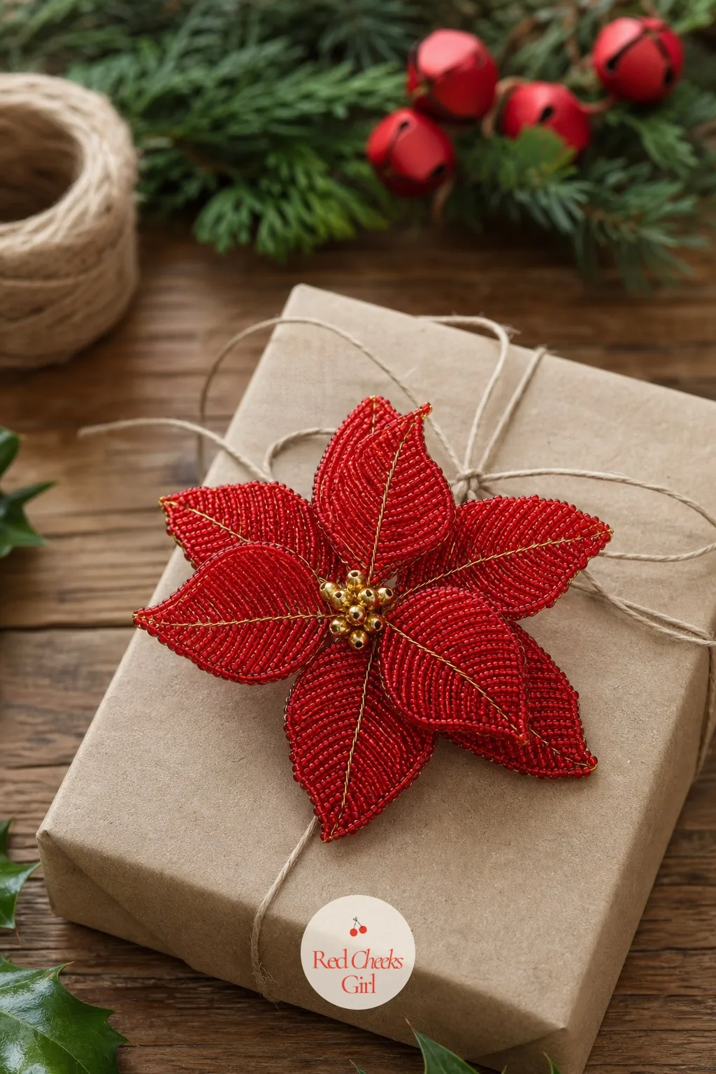 French Beaded Poinsettia — A fabric poinsettia pick looks fine tucked into a wreath. Beaded christmas ornaments diy