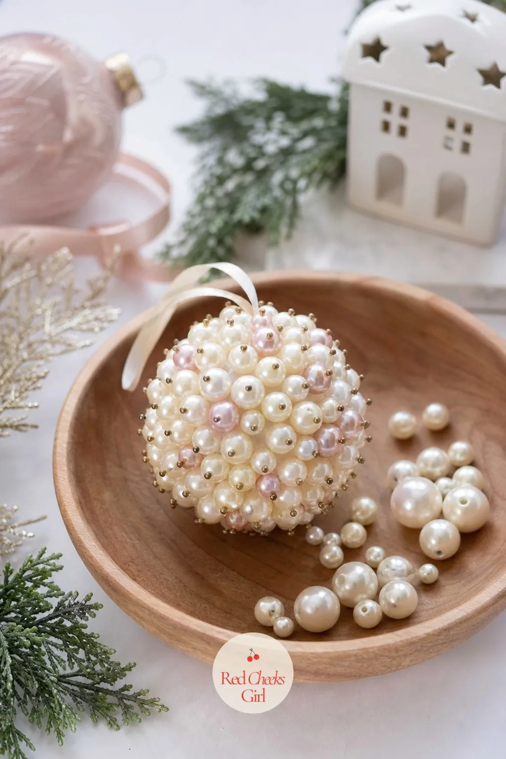 Pearl and Pin Cluster Ball — Every corsage pin ball you have seen has been white on white, which is exactly why ivory pearls against a scatter of blush pink